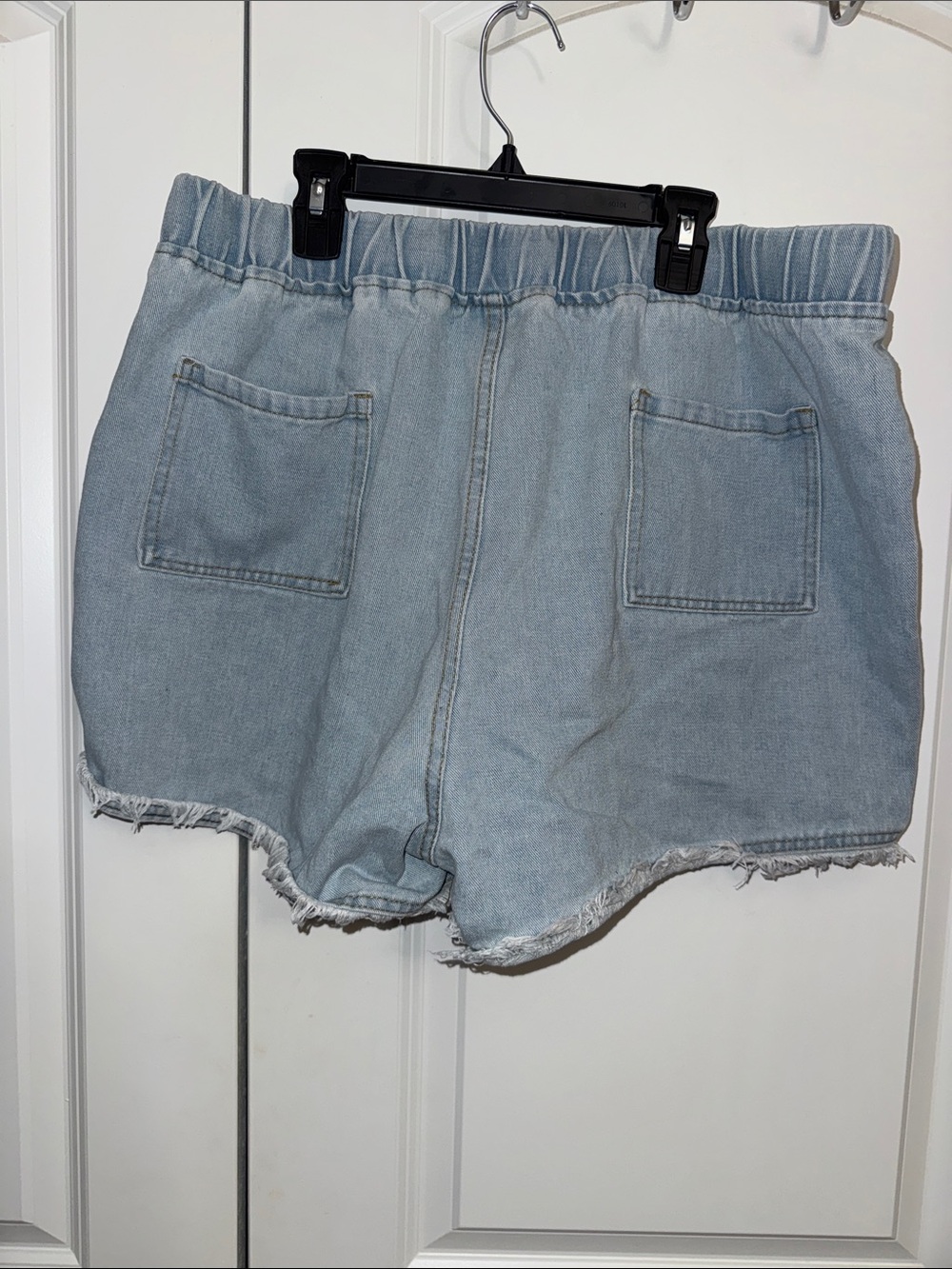 Light Wash Denim Drawstring Frayed Hem Women's Shorts - Picture 2 of 2